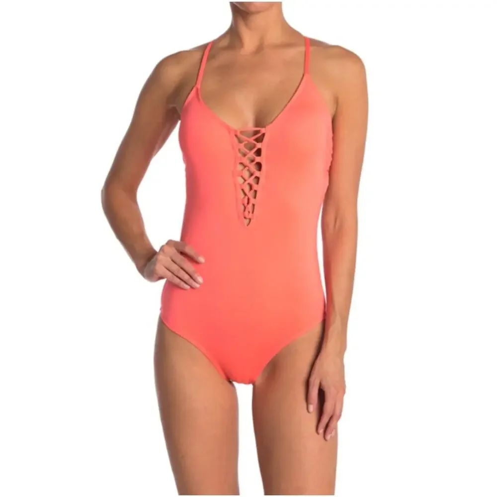 Laundry by Design Plunge Lace Up One Piece Swimsuit Swimwear Coral Medium NWT